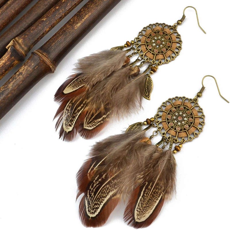 Idealway Punk Vintage Long Tassel Feather Beads Drop Wolf Tooth Pendant Earring Fish Hook Earrings (Brown B) - Image 5